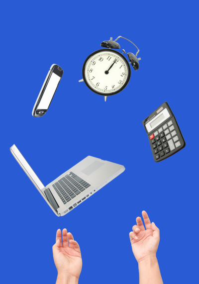 hands juggling a laptop, phone, clock and calculator